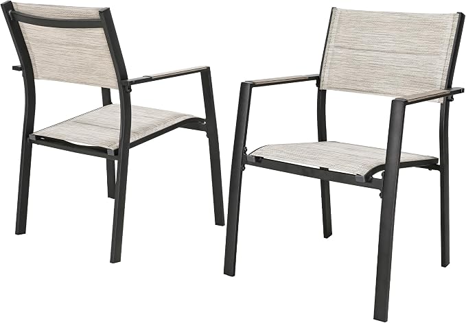 Outdoor Patio Dining Chairs Set of 2, Light Weight Aluminum Frame with Textilene Fabric & Wood-Like Armrest, 275 LBS Capacity, Outdoor Stackable Chairs for Poolside Lawn Garden, Grey Armrest