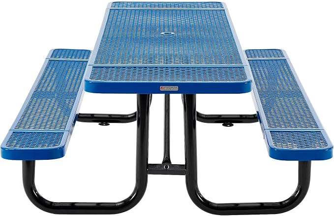 Global Industrial 8’L Rectangular Picnic Table, Expanded Metal, Blue Thermoplastic Coating, Attached Benches, 1-1/2” Umbrella Pole Hole, Outdoor-Rated, 1000 lb Capacity, 96” x 30” Tabletop