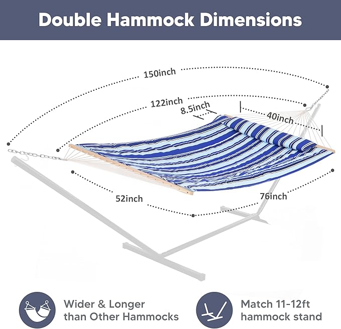 SUNCREAT 2 Person Hammock with Hardwood Spreader Bar, Outdoor Rope Hammock with Polyester Pad, 475 lbs Capacity, Blue Stripes