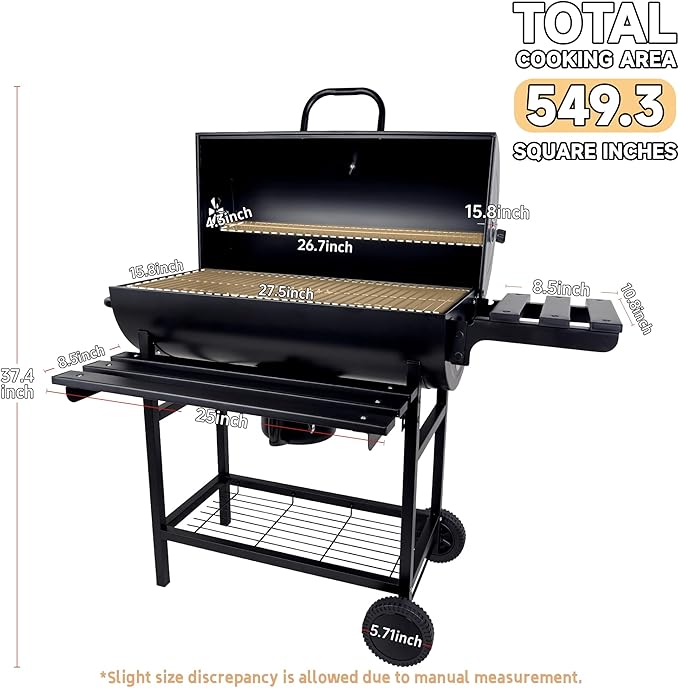 Charcoal Grill with Lid, 27" Outdoor BBQ Grill with Thermometer, Side Shelves, Wheels & Ash Catcher, Large Barrel Charcoal Smoker for Backyard, Camping & Outdoor Cooking