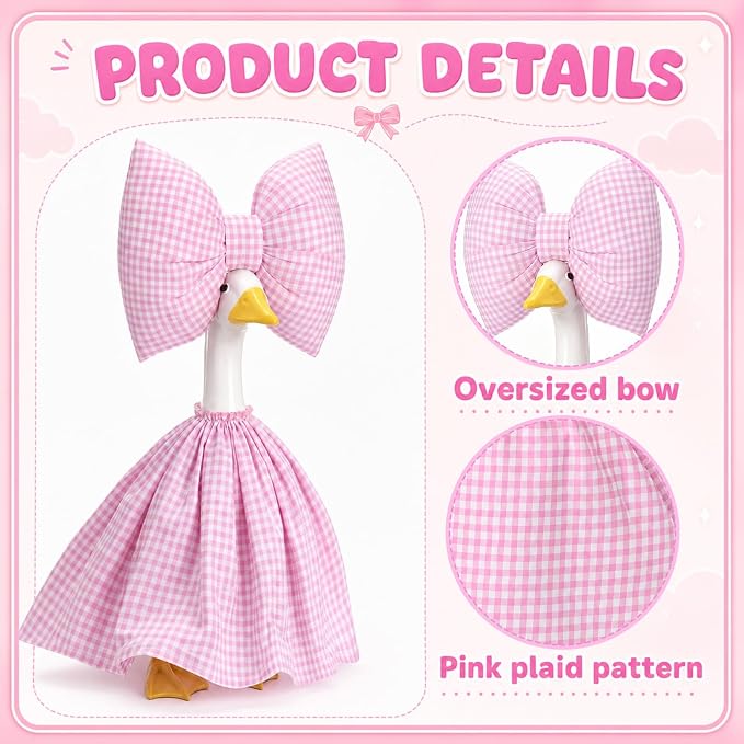 23 Inch Goose Outfit Pink Plaid Dress with Bow Garden Goose Clothes for Outdoor Lawn Yard Patio Courtyard Farmhouse Statue Decoration