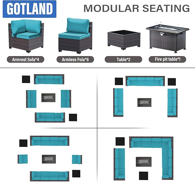 Gotland 13 Pieces Patio Furniture Set with Fire Pit Table, All Weather PE Rattan Outdoor Furniture with 29.5'' High Backrest 4’’ Thick Cushions Coffee Table, Patio Conversation Set for Deck, Blue