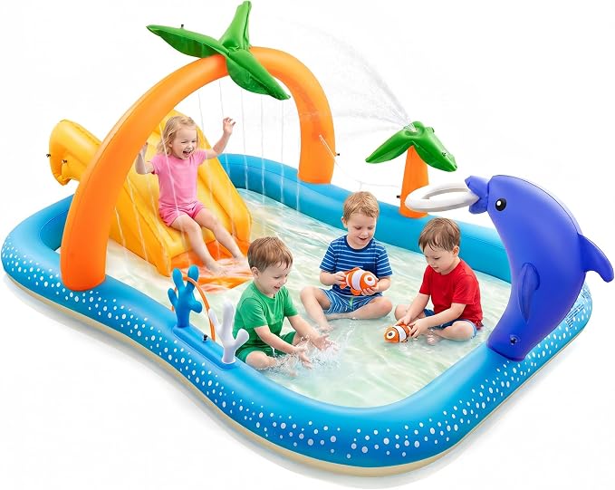 Kiddie Pool with Slide Inflatable Play Center Wading Lounge Kids Pool, Coconut Palm Sprinkler, Water Game Play Center 95''x75''x40'', Blue