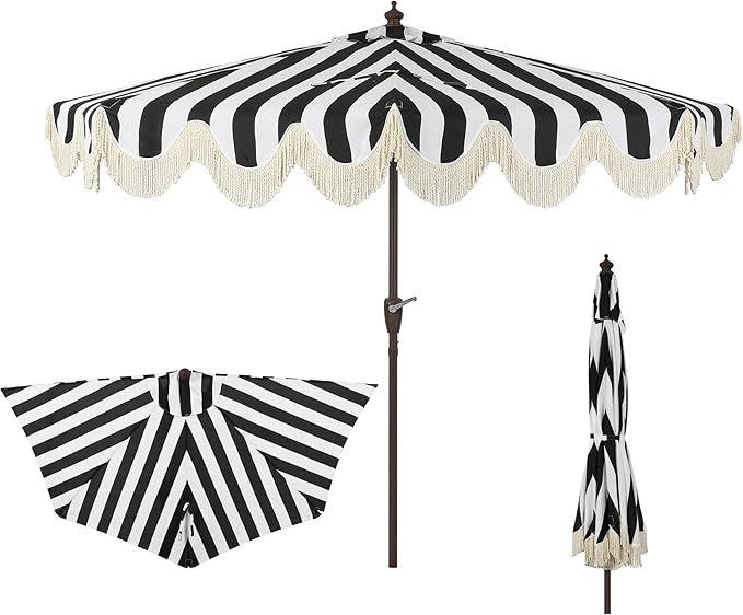 JONATHAN Y Beverly 9 ft. Coastal Black and White Striped Half Patio Umbrella with Scalloped Fringe, Crank Lift, and Manual Tilt for Balcony, Dark Brown Pole UMB1201A