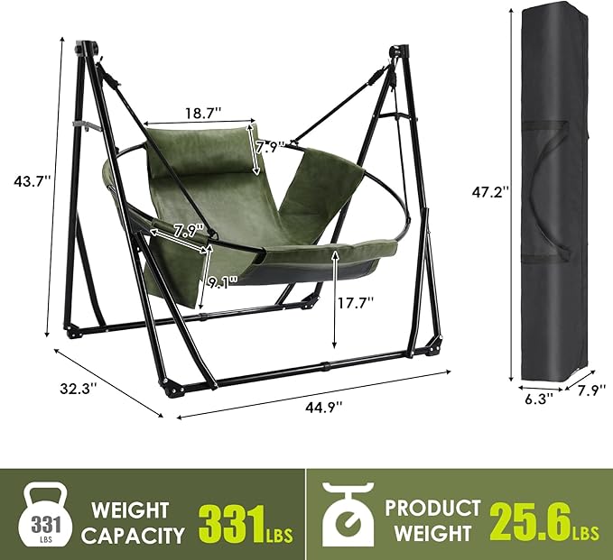 Arlopu 3 in 1 Portable Hammock with Steel Stand,Foldable PU Leather Swing Chair,6-Level Standing Hammocks Included Carrying Bag,Side Pocket,Pillow,for Outside,Indoor,Yard,Garden,Patio,Camping(Green)
