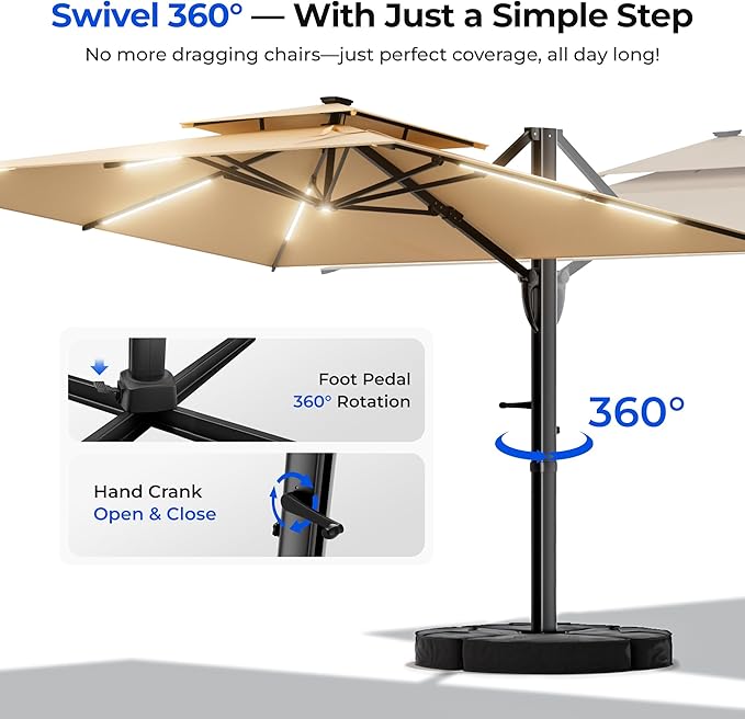 HOMSHADE 10 ft Square Cantilever Patio Umbrella with Base Included, Solar Lights Large Umbrella Outdoor Patio with 360°Rotation&Tilting, LED Lighted Offset Umbrellas w/Stand for Pool Deck