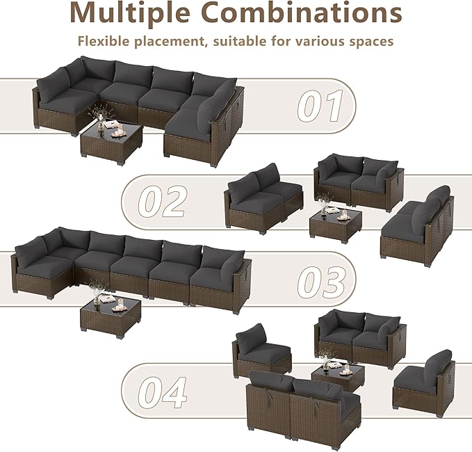 7 Piece Outdoor Patio Furniture Set, Rattan Chairs Glass Table Wicker Conversation Seating Sectional Sofa with Cushions (Brown-Dark Grey, 7Pcs-Straight Back)