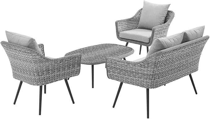 Modway EEI-3177-GRY-GRY-SET Endeavor 4 Piece Outdoor Patio Wicker Rattan Sectional Sofa Set, Gray