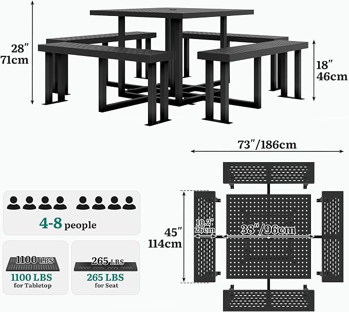 YITAHOME 38" Square Metal Picnic Table with Umbrella Hole, Q235 Carbon Steel Heavy Duty Outdoor Table for 4-8 People, Backyard Patio Set (Black)