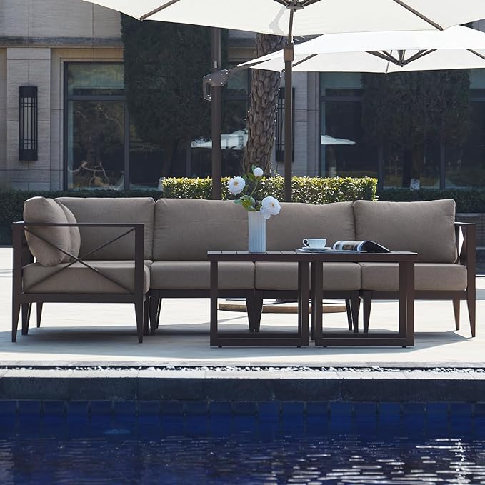 MBY Outdoor Aluminum Patio Furniture Set, 5-Seats Patio Conversation Sofa Set with 1 Corner Sofa and 2 Coffee Tables, All Weather for Pool, Balcony, Garden-Brown