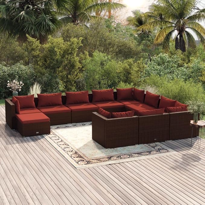 11 Piece Patio Lounge Set with Cushion, Furniture Conversation Sets Piece Patio Set Outdoor Patio Sectional Patio Lounge Set s Poly Rattan Brown