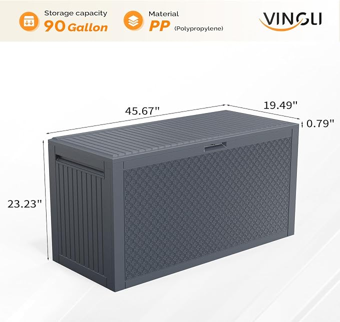 VINGLI 90 Gallon Outdoor Storage Box, Lockable Plastic Storage Containers with Lid, Patio Deck Box Furniture for Garden, Pool, Balcony, Yard (Gray)
