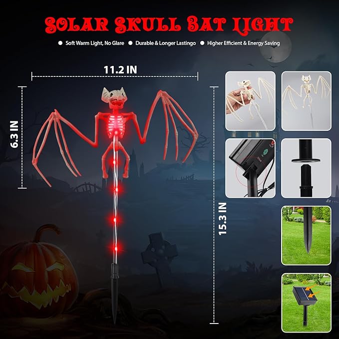 2PCS of Set Solar Garden Lights Outdoor for Halloween Decorations,3D RED Scary Bat Realistic Skeleton Decor for Halloween Party Decor,Solar Bats Path Lights for Lawn/Porch/Creepy Grave Décor