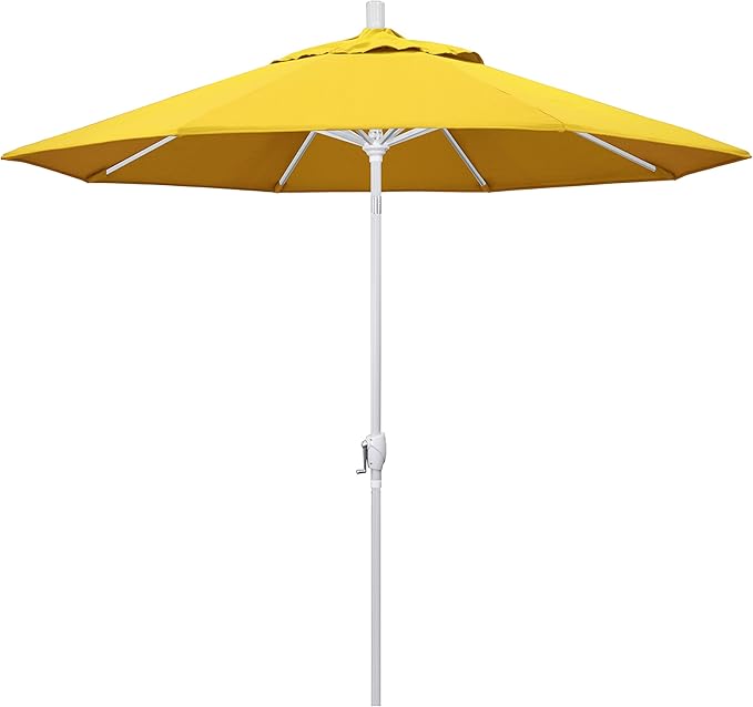 California Umbrella 9' Round Aluminum Market Umbrella, Crank Lift, Push Button Tilt, White Pole, Lemon Olefin