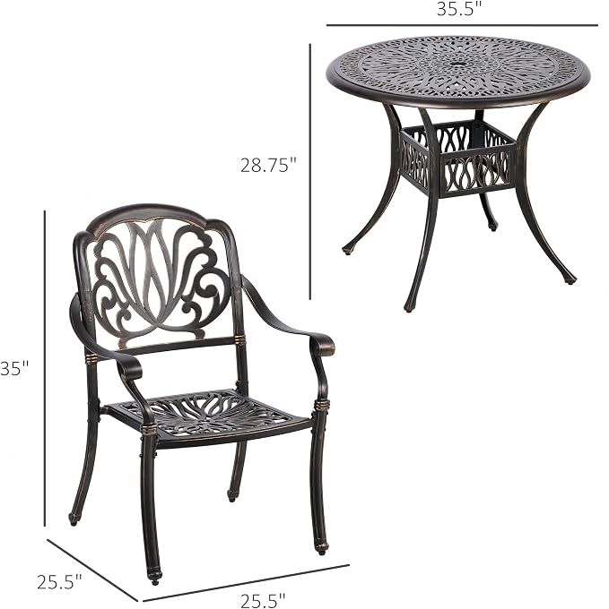 Outsunny 5 Pieces Outdoor Furniture Dining Set for 4, All-Weather Cast Aluminum Stackable Design Chairs and Round Patio Table with Umbrella Hole, for Backyard, Deck, Garden, Bronze
