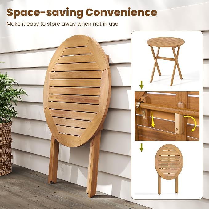 HAPPYGRILL Folding Acacia Wood Patio Table, Round Outdoor Bistro Table 26”, Outside Wooden Coffee Side Table for Porch Balcony Garden and Backyard (2)