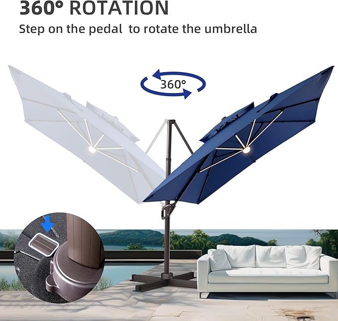 10 X 13 FT Cantilever Patio Umbrella with Led Lights Heavy Duty Windproof Double Top Large Rectangle Offset Umbrellas with 360-degree Rotation for Garden Pool Deck Backyard, Navy