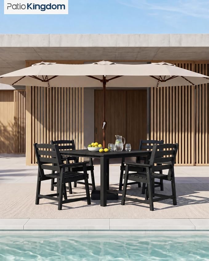 HDPE Outdoor Dining Set for 4, Armchairs, Black | All-Weather HDPE, Wood Grain Finish, 42.5" Square Table, Built-In Umbrella Hole, Seats 4, Patio & Poolside Ready