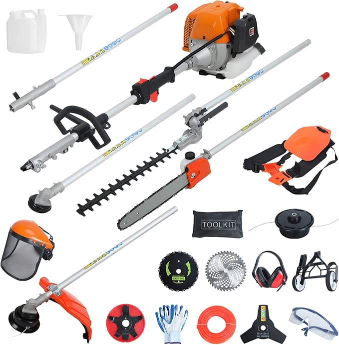 8-in-1 Gas Weed Eater, Multi-Functional Trimming Tool, 52CC 2-Cycle Gas Powered Hedge Trimmer, Weed Eater, String Trimmer, Brush Cutter, Edger, Pole Saw Chainsaw Pruner with Extension Pole (Orange)