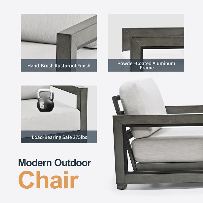 HAPPATIO Oversized Aluminum Patio Sofa 3 Seat, Outdoor Sectional Furniture with Thicken Cushions, Deep Seating and Widen Armrest, All-Weather Outdoor 3-seat Sofa for Backyard Poolside, Grey
