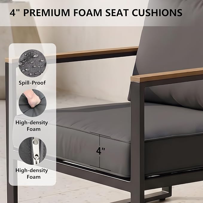 Modern Patio Furniture Set, 4 Pieces Outdoor Conversation Set | Metal Patio Furniture with 4" Washable Foam Cushions, Ships in 1 Box, Gray