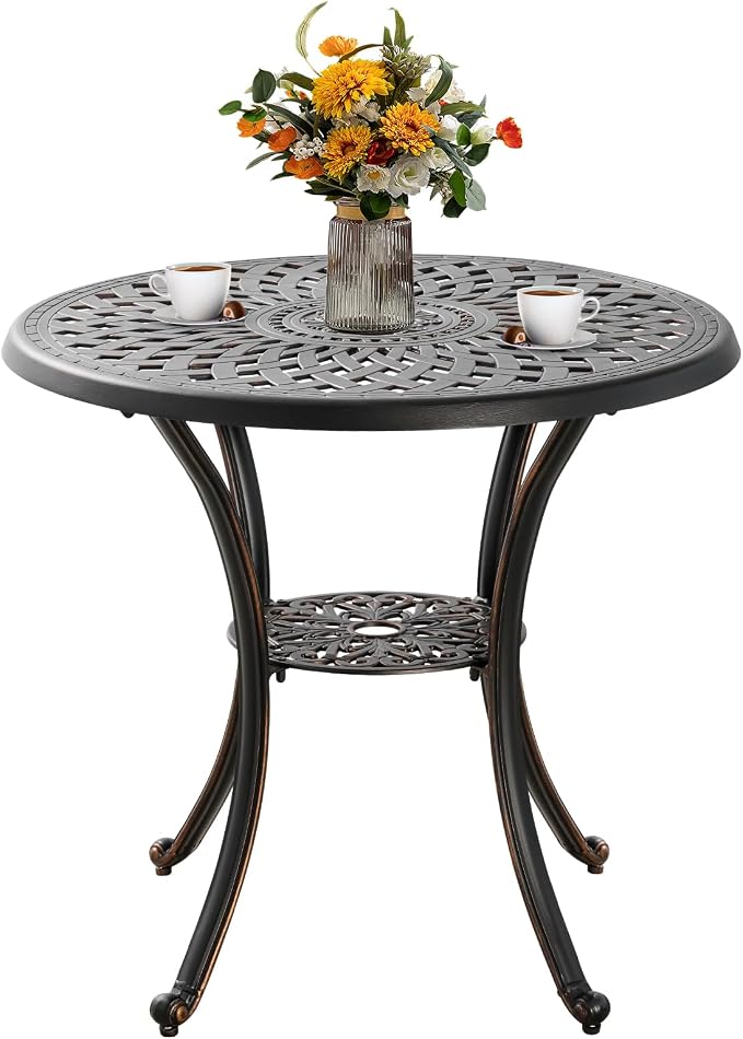 31.5" Round Patio Table Cast Aluminum Patio Dining Table with 2.2" Umbrella Hole,All Weather Outdoor Round Tabel,Metal Patio Table for Fornt Porch, Backyard, Garden,Bronze