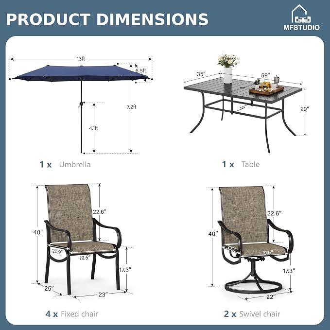 MFSTUDIO Patio Dining Set with Umbrella, Outdoor Dining Set for 6 Persons, Patio Furniture Set with 1 Rectangular Table Fixed Chairs 2 Swivel Chairs & Navy Blue Umbrella (Base not Included)