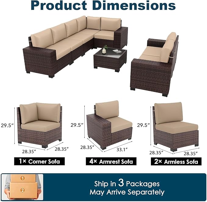 Patio Furniture Set, 8 Pieces Outdoor Sectional Sofa Conversation Sets with Waterproof Cover Modern Wicker Seating Set, 4'' Thickened Cushions 1 Glass Coffee Table 2 Armless Sofas, Beige