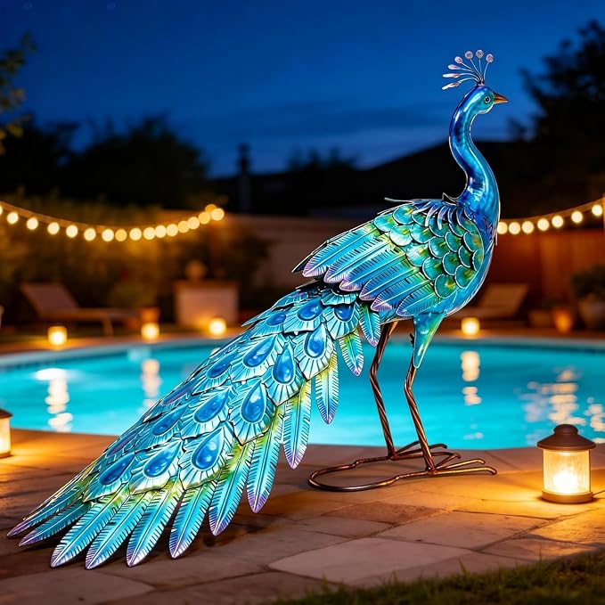31" L Metal Peacock Garden Statue,Handcrafted Outdoor Yard Art | Large Walking Bird Decor, Iridescent Blue & Green Finish , Ground Stakes, Lifelike Sculpture for Garden Lawn Flowerbed