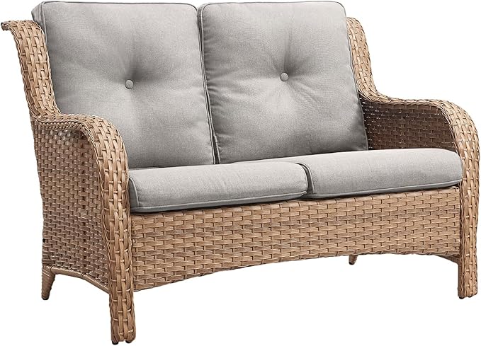 Rilyson Outdoor Loveseat Wicker Patio Sofa - 2 Seat Rattan Outdoor Couch Patio Furniture with Deep Seating and Comfortable Cushions for Porch Deck Balcony(Yellow/Beige)