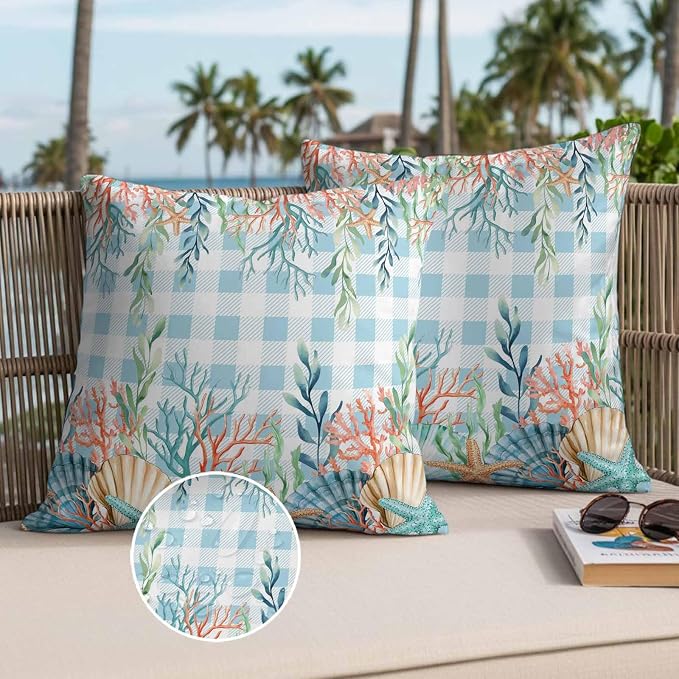 Throw Pillow Covers 24x24 Inch Set of 2, Nautical Coastal Waterproof Outdoor Pillow Covers, Summer Beach Shell Coral Seaweed Blue Plaid Decorative Cushion Pillowcases for Couch, Sofa, Bed, Patio