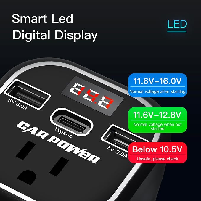 FAMIDGE 200W Car Power Inverter, Car Inverter 12v to 110v, Car Outlet Adapter with Dual USB and Type-C, Car Outlet Adapter for Plug Outlet, Laptop, White