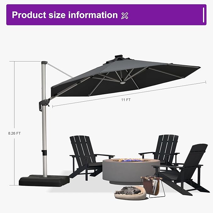 PURPLE LEAF Cantilever Umbrella with base 11ft Outdoor Round Patio Solar Powered LED Umbrella with 360-degree Rotation for Garden Deck Pool Patio, Grey