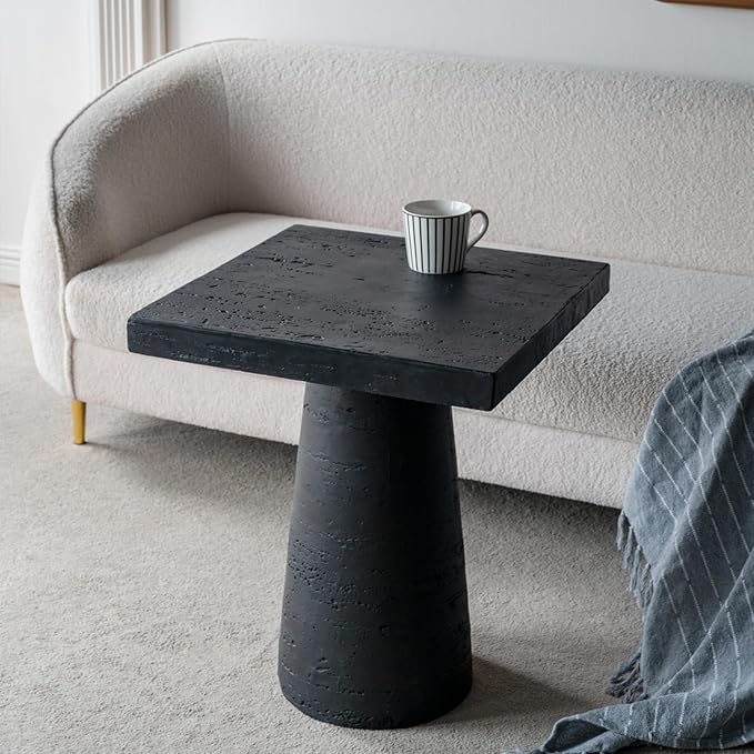 Faux Stone Side Table Square End Table Patio Small Drink Table for Small Spaces Outdoor Modern Pedestal End Tables Farmhouse Nightstand for Living Room Bedroom Corners Office (Black)