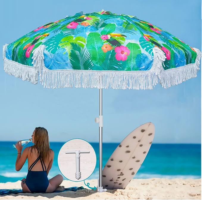 AMMSUN 6.5ft Heavy Duty HIGH Wind fringe Beach Umbrella with sand anchor Vent Tilt Portable Sun Shelter UPF 50+ Windproof Outdoor Sunshade Umbrellas Carry Bag for Patio Garden Pool Backyard Sports