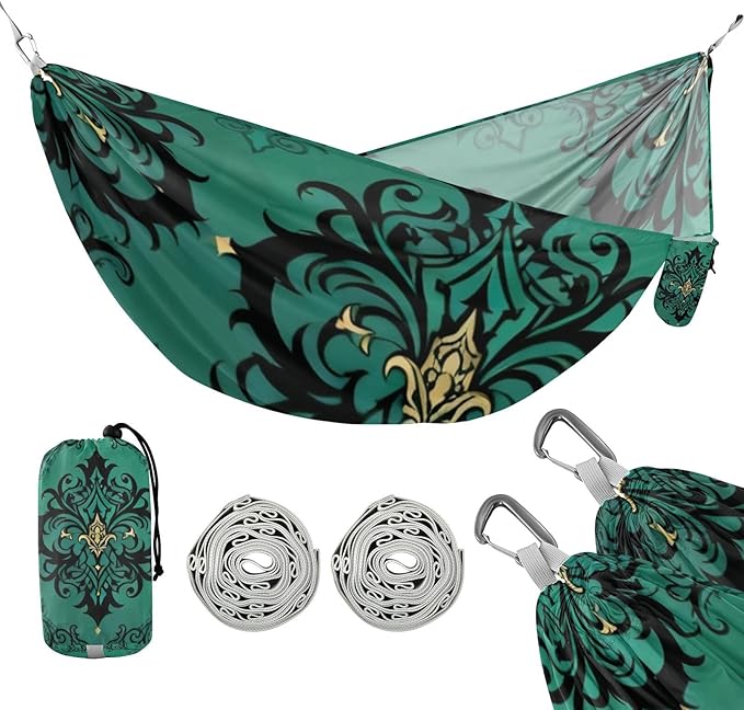 Teal Damask Outdoor Hammocks with Tree Straps Cloth Hammock for Camping Travel Accessories