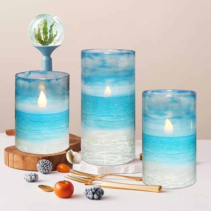 Blue Flickering Flameless Candles with Remote - Glass Battery Operated LED Pillar Candles for Beach/Coastal Theme Wedding Decorations (Set of 3)