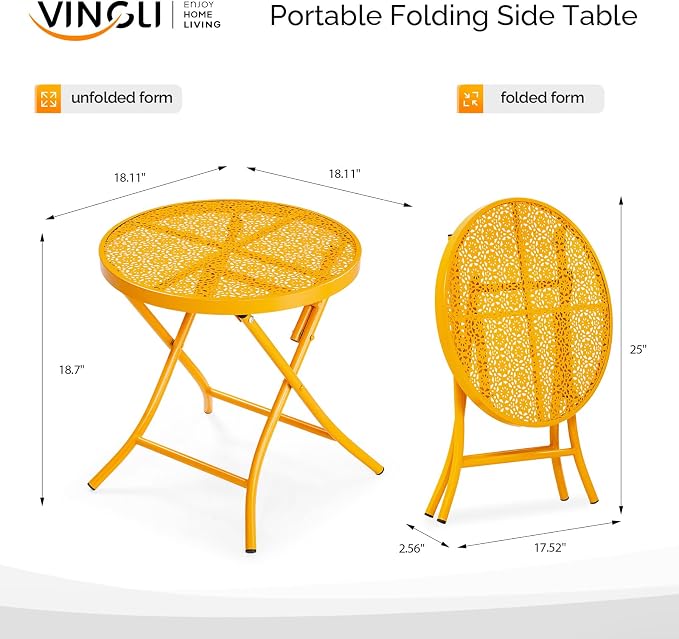 VINGLI Outdoor Folding Side Table with Chic Hollow Pattern and Durable, Rust-Resistant Coated Iron Patio Bistro Table Suitable for Indoor & Outdoor Porch, Deck, Balcony and Pool,Yellow