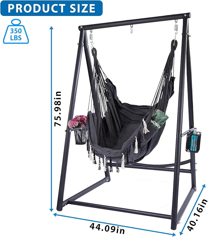 Hammock Chair with Stand Hanging Rope Swing Chair, Heavy-Duty Steel Max 350 LBS Capacity for Indoor Outdoor Patio Garden Balcony (Black)