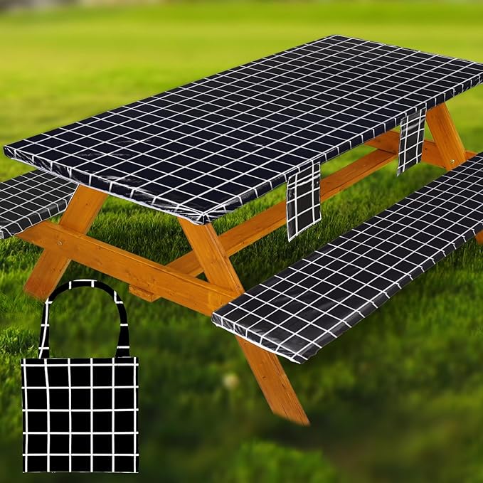 Picnic Table Cover with Bench Covers Vinyl Elastic Edges Fitted Rectangle Seat Tables Waterproof 3-Piece72X30in Set Outdoor Rectangular Folding Backing Tablecloth for Camping Over Size