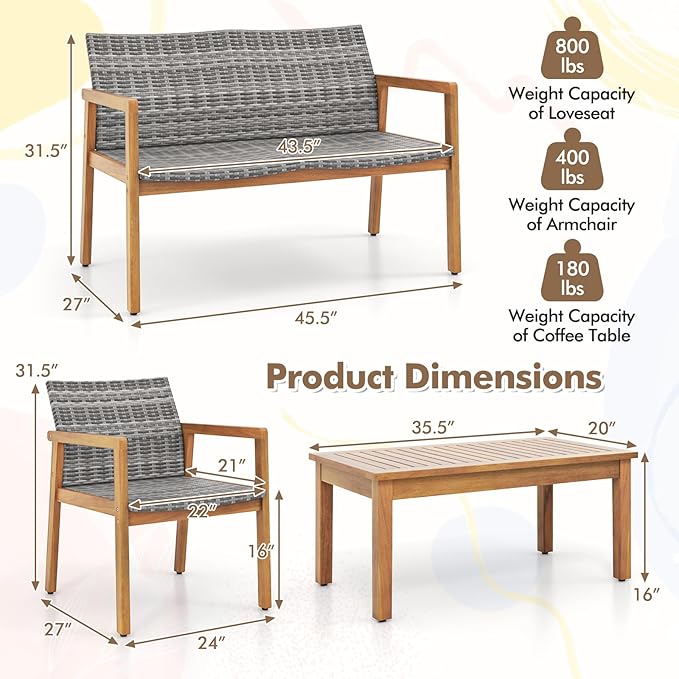 Tangkula 4 Pieces Outdoor Furniture Set, Acacia Wood Frame Sofa Set w/Rattan Seat & Back, Patio Conversation Set w/Coffee Table for Balcony, Poolside, Backyard (Mix Gray)
