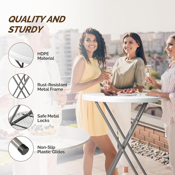 Bonnlo 32" Cocktail Table High Top Table, Folding Round Table Bar Height, HDPE Matrial with Gray Metal Finish for Outdoor Party, Backyard, Dining Room, Wedding Event,White- 2PCS