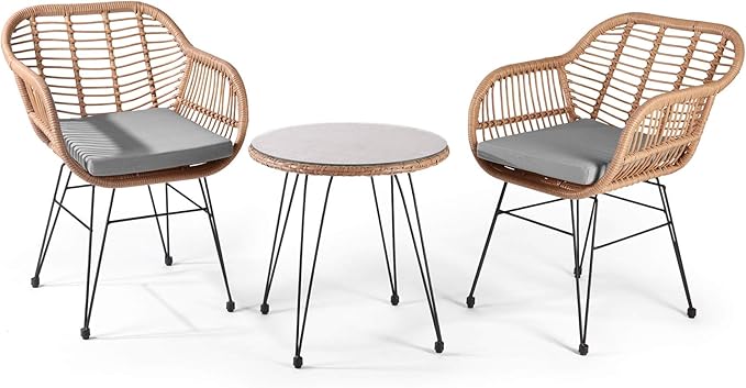 WestinTrends 3 Pc Furniture Wicker Rattan Patio Conversation Seating Chair Set with Cushions and Table for Indoor Outdoor, Balcony, Porch, Garden, Pool, Deck, Lounge, Gray
