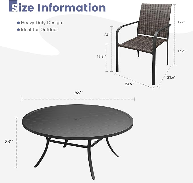 VICLLAX 11 Pieces Patio Dining Set, 10 Stakable Wicker Outdoor Chairs and 63" Patio Round Metal Table with Umbrella Hole for Backyard Lawn Deck, Black Tabletop