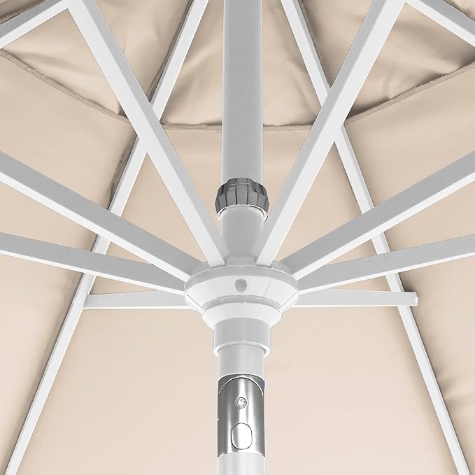 California Umbrella 12-Year-Non-Fading, 9Ft Premium Sunbrella Patio Umbrella, Hand-Crank, Button-Tilt, White Frame, Beige Fabric