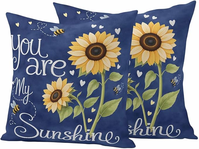 Outdoor Pillow Covers You are My Sunshine Words Decorative Throw Pillow Covers, Farm Sunflowers Bee on Blue Throw Cushion Case with Zipper for Patio,Couch,Sofa,Garden 18x18in Set of 2