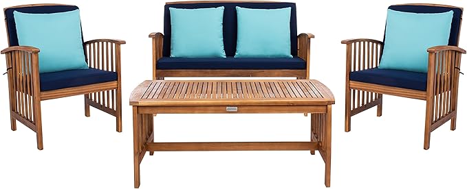 SAFAVIEH Outdoor Collection Rocklin Natural/ Navy Cushions/ Light Blue Pillows 4-Piece Conversation Patio Set