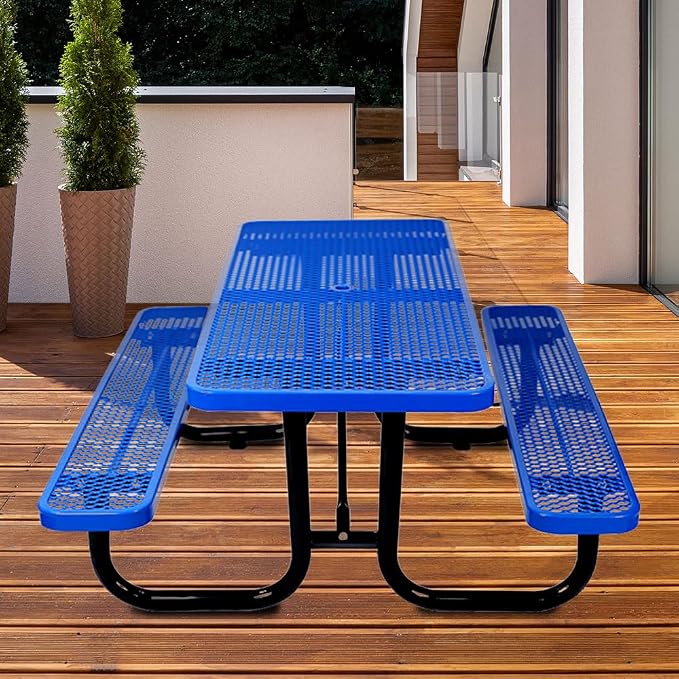 72" Rectangular Metal Picnic Table for 4-8 Person, Durable Heavy Duty Commercial Picnic Table with Umbrella Hole for Outdoor Coffee Shop, School, Hospital, Easy to Install, Blue