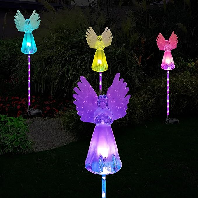 4 Pack Solar Angel Lights Outdoor Decor,Solar Powered Color Changing Angel Easter Stakes Decorative Memorial Lights Garden Yard Lawn Pathway Grave Cemetery Decoration,Valentine's Day Women Gift