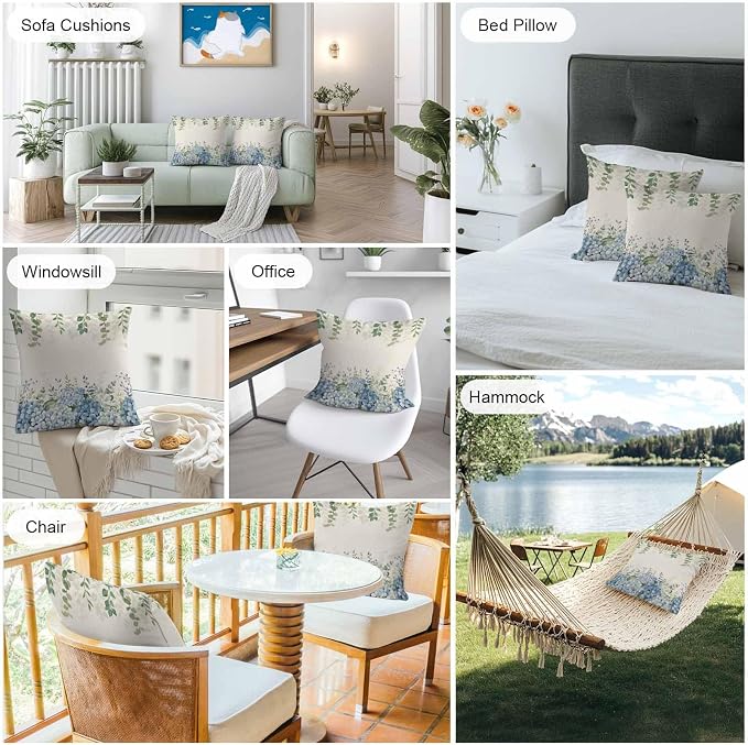 Hydrangea Flower Outdoor Throw Pillow Covers Waterproof Eucalyptus Pillow Cases 16x16in,Green Leaf Retro Linen Decorative Boho Pillow Covers Cushion Cases for Couch Sofa Patio Garden 2 Pack